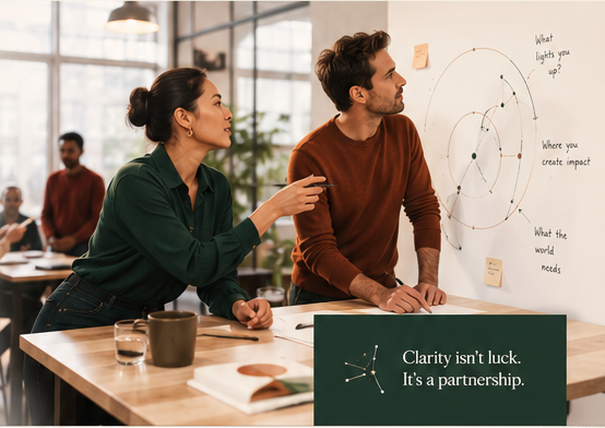 Coach and client working together at a whiteboard